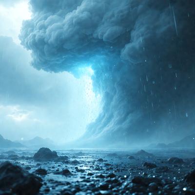 The primary subject of the image is a large, dark cloud with a blue lightning bolt in the middle of it. The cloud is surrounded by a dark, stormy sky. The setting is a body of water, possibly an ocean, with rocks visible in the foreground. The visual style of the image is a combination of photo and digital art, creating a dramatic and moody atmosphere. The dominant colors are dark shades of blue and gray, with the blue lightning bolt adding a striking contrast to the overall scene.
